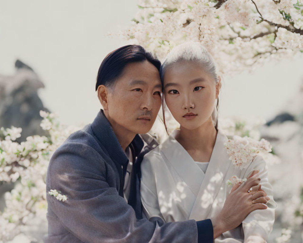 Traditional attire couple embraces under cherry blossom tree in serene setting