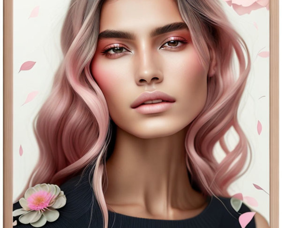 Portrait of Woman with Pink Ombre Hair & Floral Makeup in Serene Springtime Setting