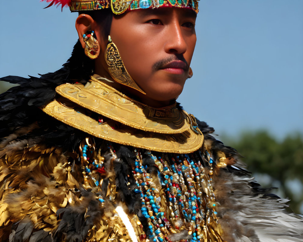 Traditional attire with feathered headpiece and beaded jewelry showcase cultural heritage