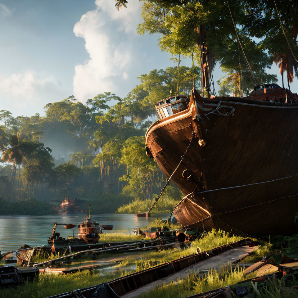 Sunlit jungle river scene with wooden boats and an imposing ship in foreground