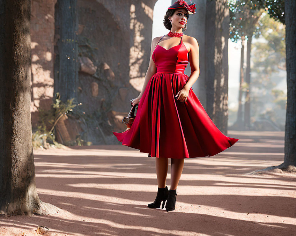 Vintage Woman in Red Dress and Hat Stands in Sunlit Forest