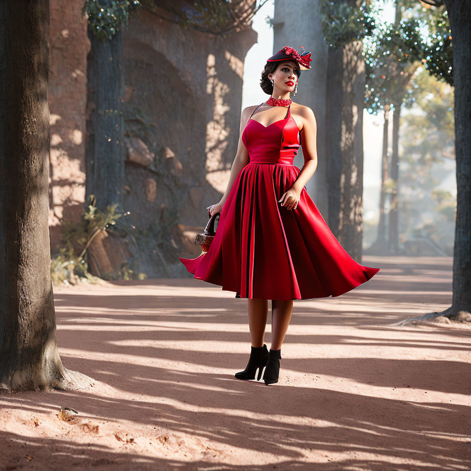 Vintage Woman in Red Dress and Hat Stands in Sunlit Forest