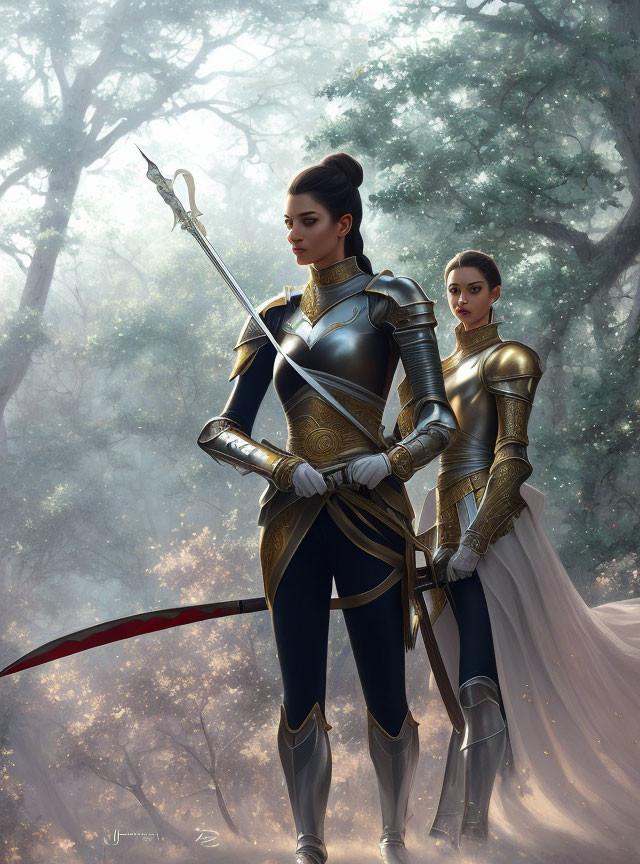 Two women in ornate medieval armor in misty forest with spear and sword.