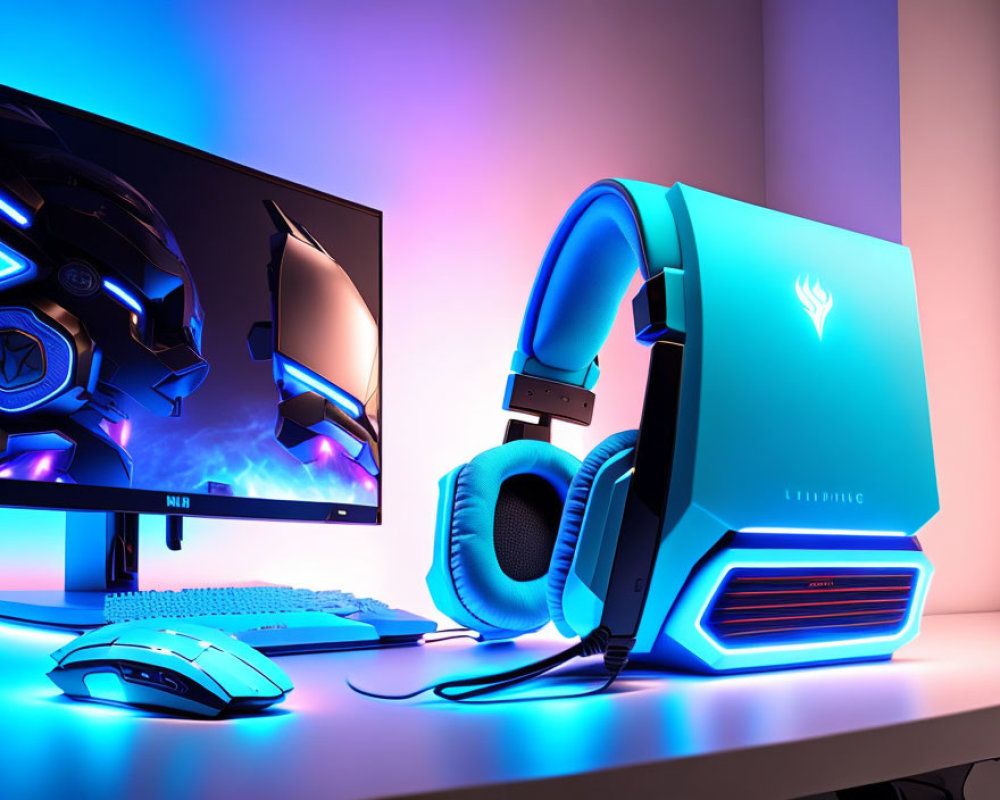 Vibrant Blue PC Tower with Matching Accessories and Dual Monitors