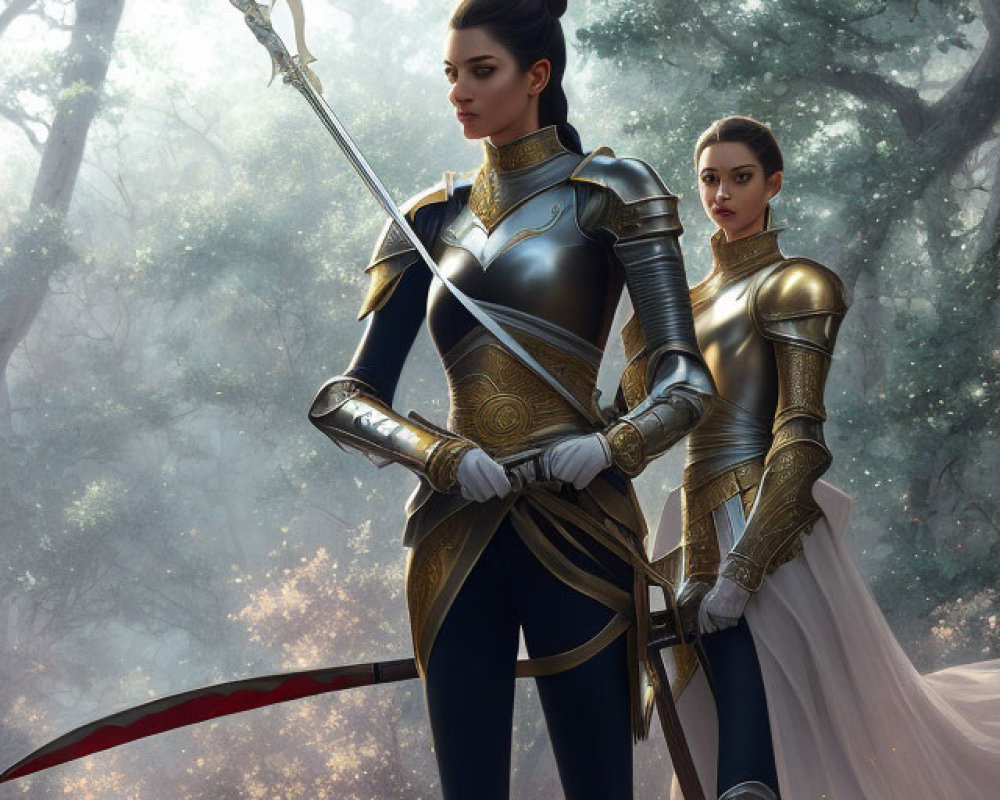 Two women in ornate medieval armor in misty forest with spear and sword.