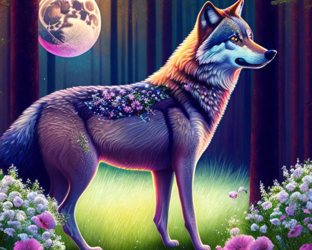 Vibrant wolf with floral back art in mystical forest at night