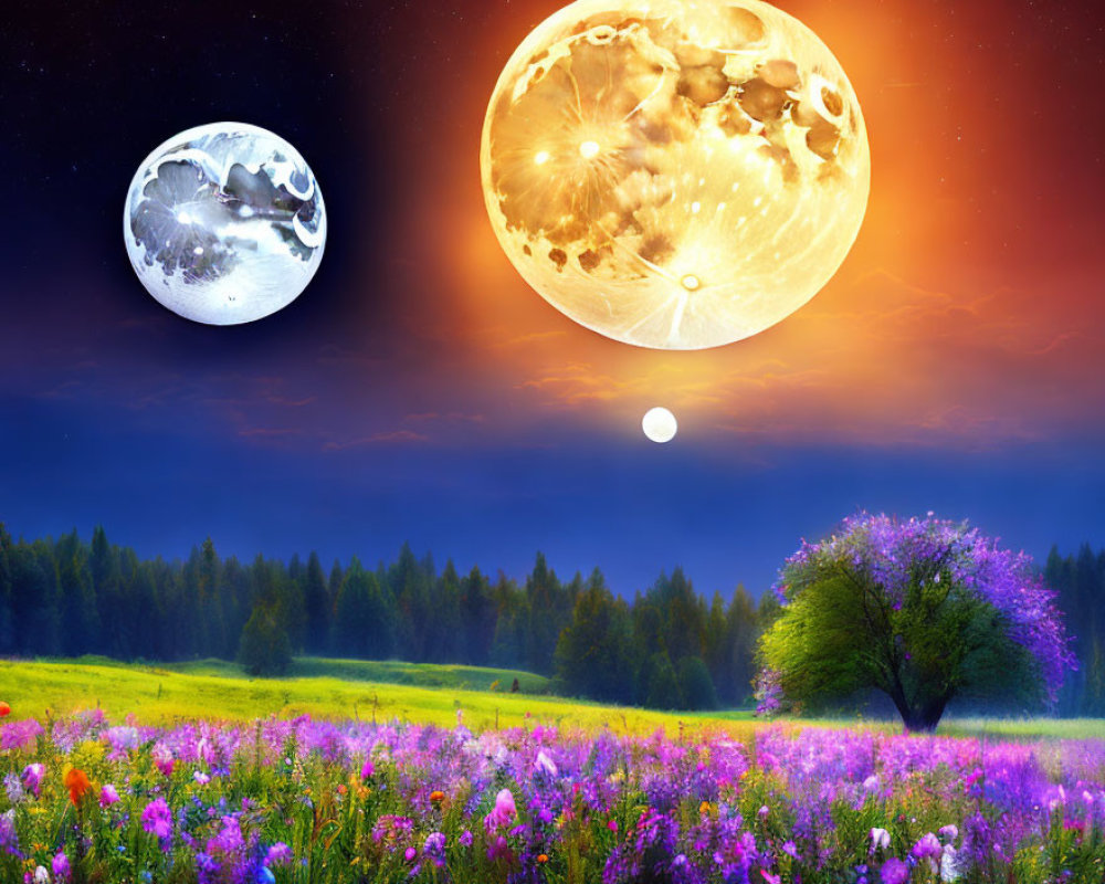 Vibrant landscape with blooming field under surreal sky and moons.