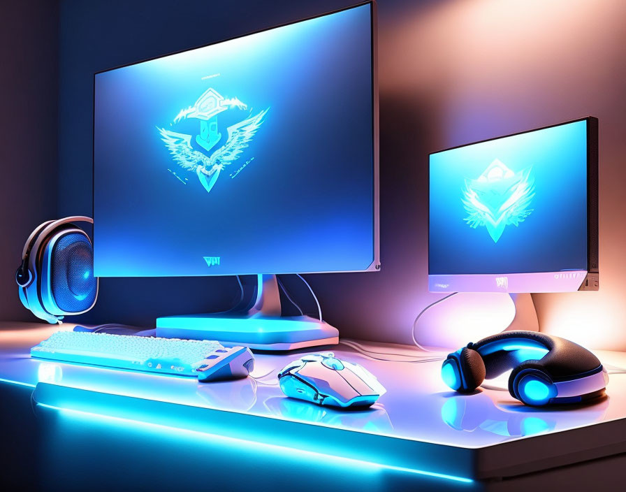 Modern Gaming Setup with Vibrant Blue Backlighting and Sleek Desk Aesthetic