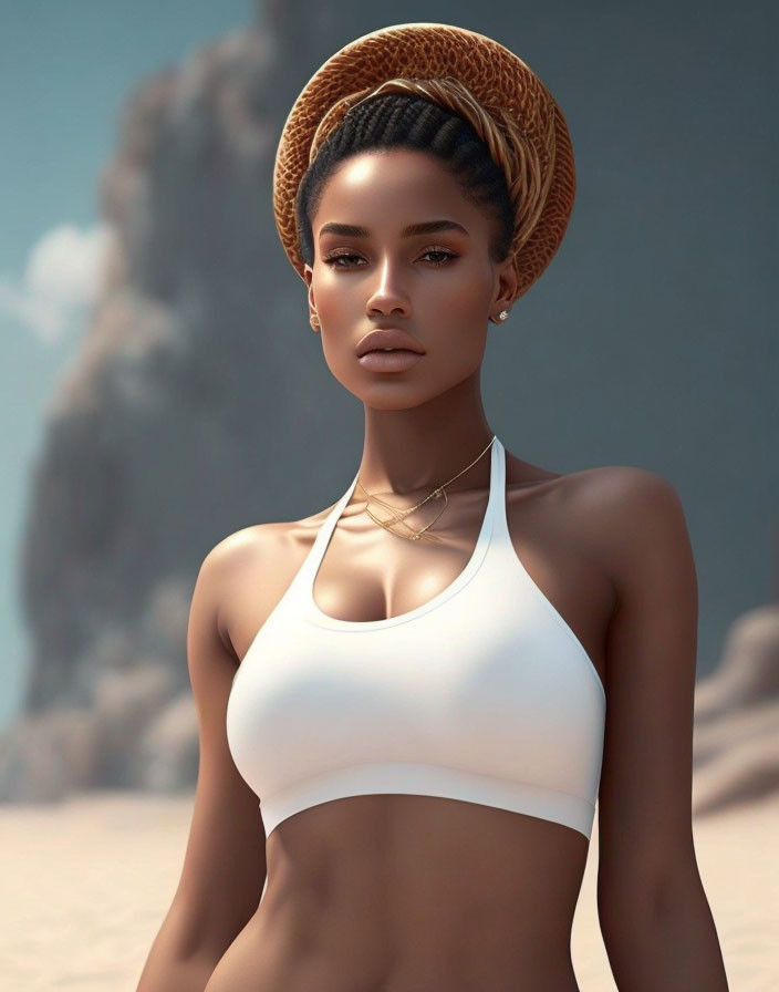 Woman in straw hat and white top on sandy backdrop