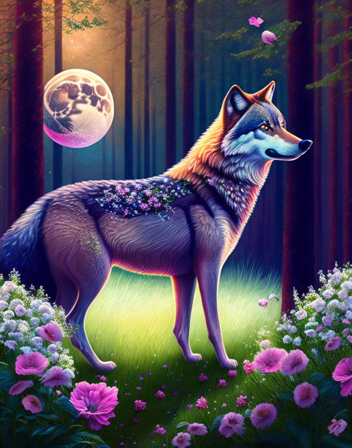 Vibrant wolf with floral back art in mystical forest at night