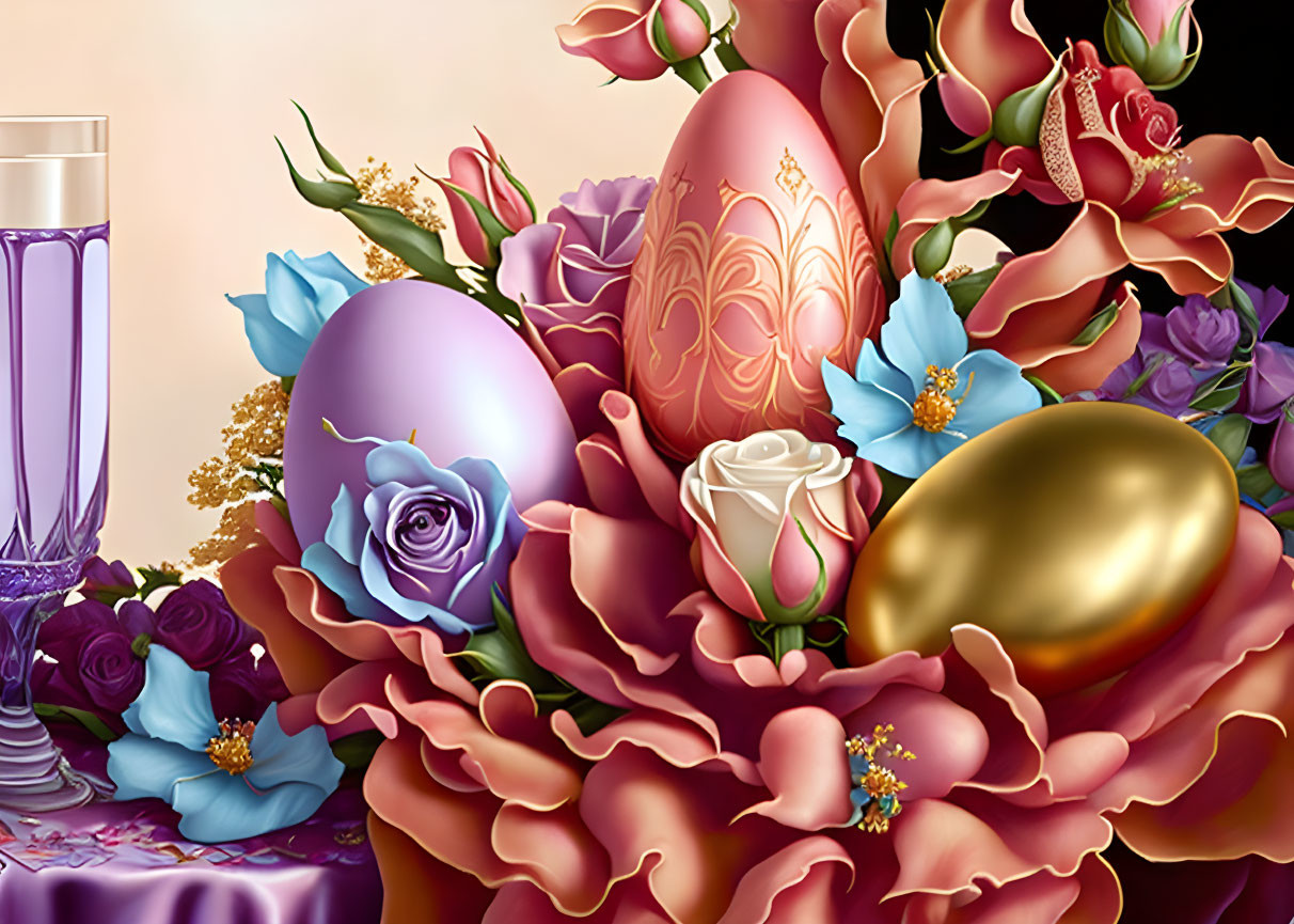 Vibrant Easter eggs and flowers with purple glass and golden accents