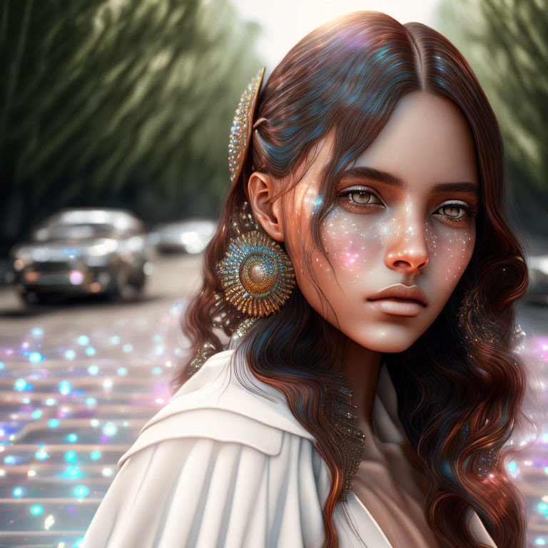 Digital portrait of woman with star-like freckles, ear jewelry, and wavy hair against urban