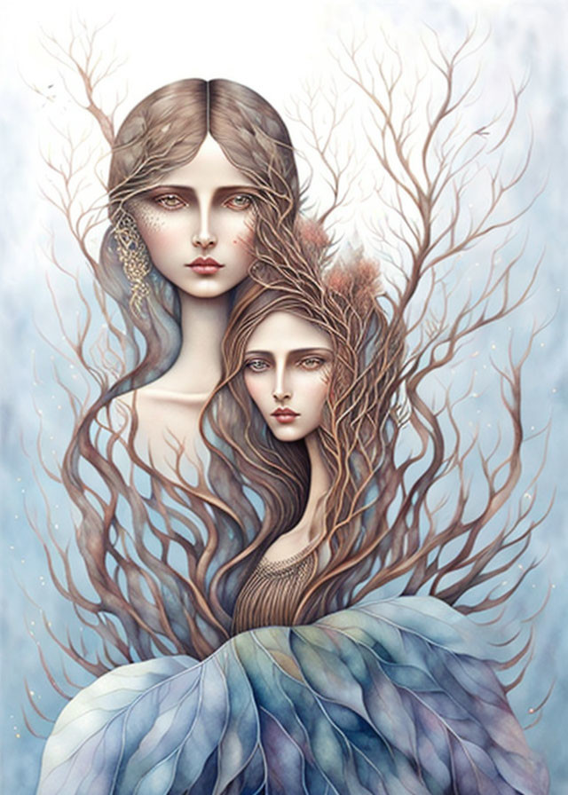 Intertwined female figures with tree branch-like hair on soft blue background