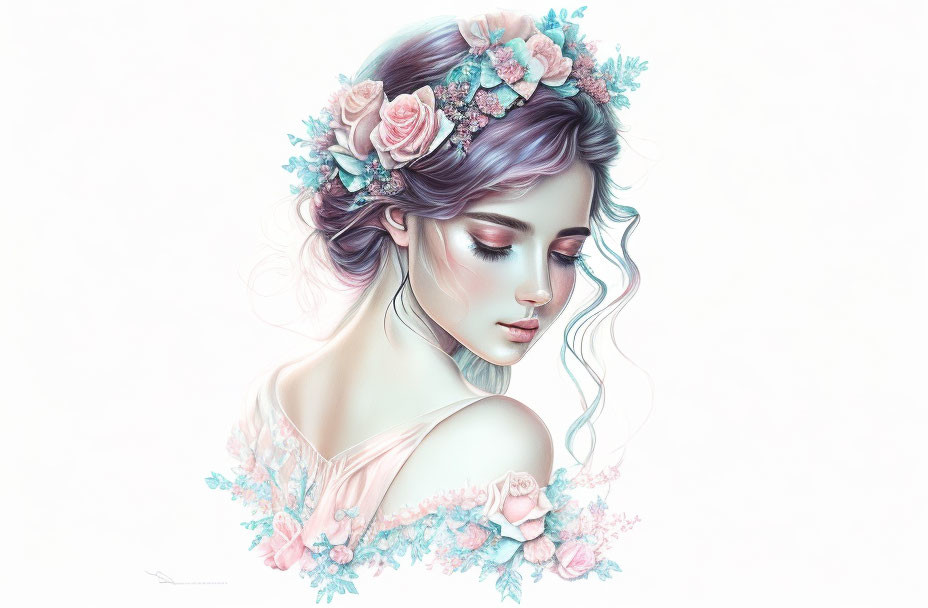 Illustrated portrait of woman with purple hair and floral crown in pastel colors