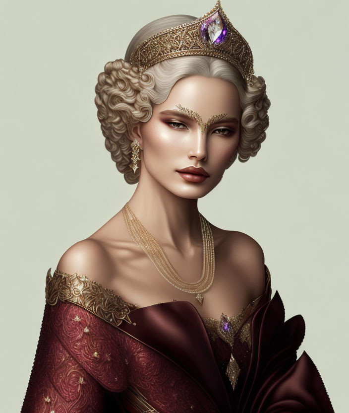 Regal woman with white hair, crown, and burgundy gown