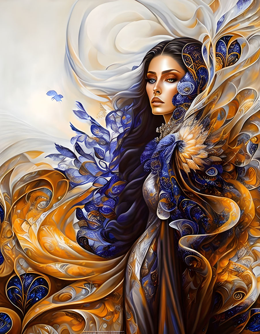 Fantasy illustration of woman with peacock feather wings in blue, gold, and brown.