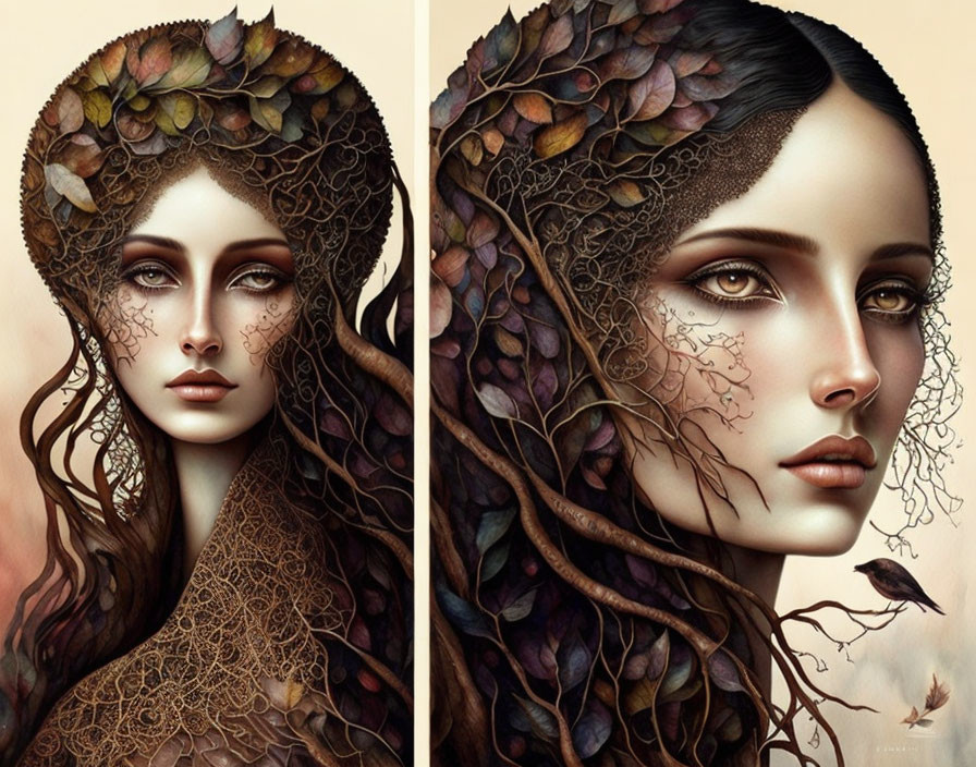 Portraits of women with leafy headpieces and lace details blending with autumnal leaves.