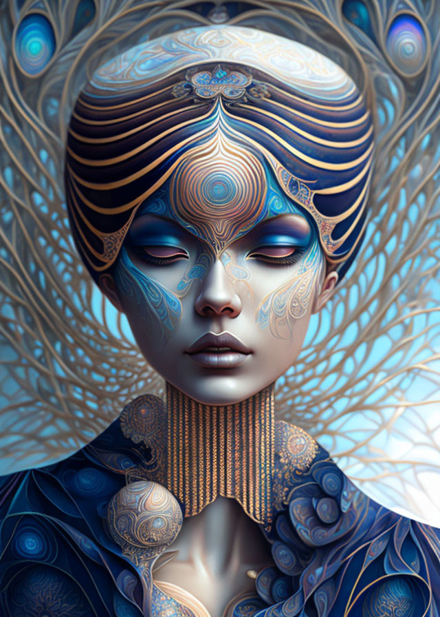 Surreal portrait with ornate blue and gold patterns and elaborate headdress