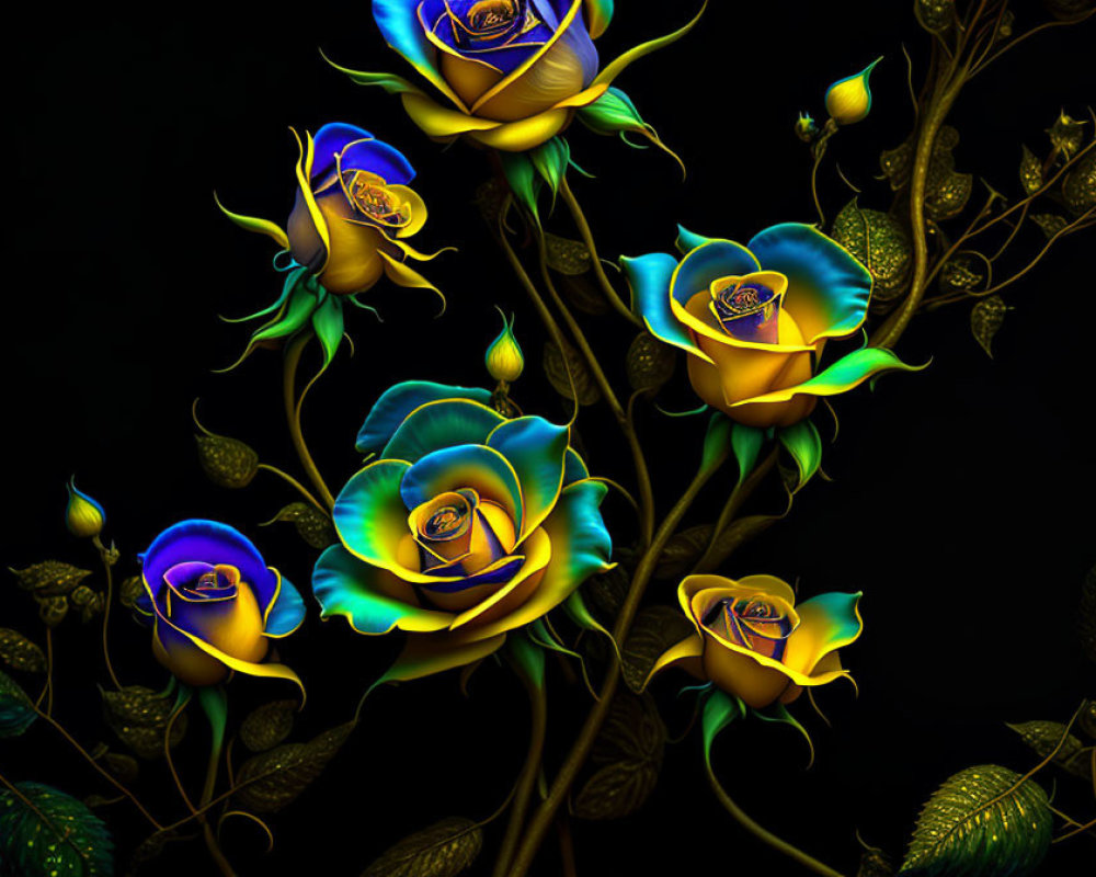 Vibrant neon blue and yellow roses on dark background