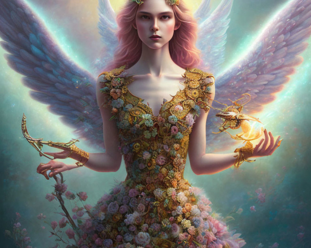 Fantastical female figure with iridescent wings, moon crown, floral gown, glowing orb,