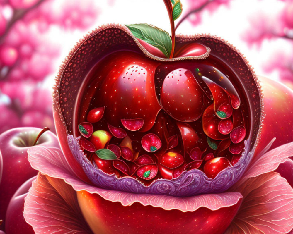 Fantasy apple digital artwork with cherries and ornate patterns.