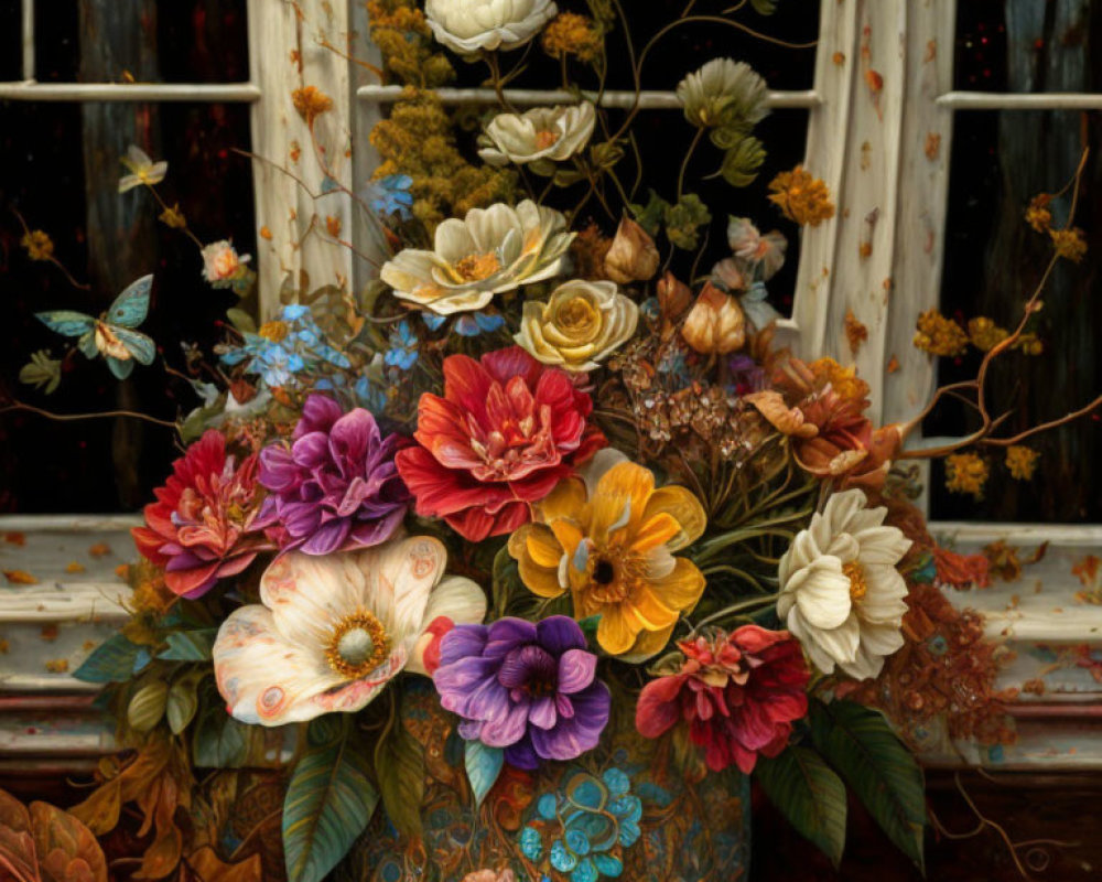 Colorful Flower Bouquet in Decorative Vase by Rustic Window