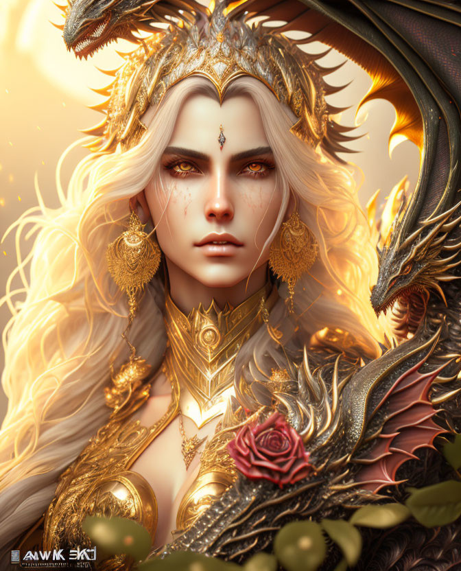 Fantasy illustration of a woman in gold armor with dragon-like features