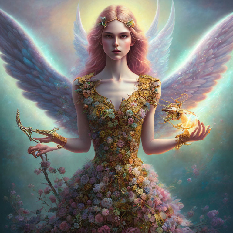 Fantastical female figure with iridescent wings, moon crown, floral gown, glowing orb,