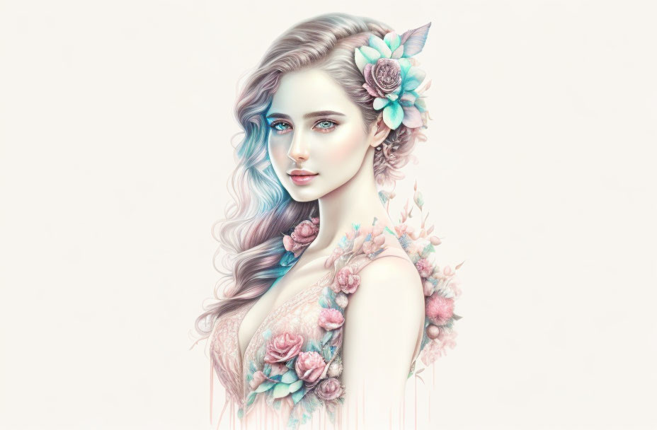 Pastel-haired woman with floral adornments in ethereal digital art