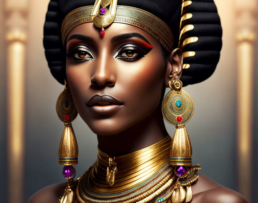 Digital portrait of a woman styled as ancient Egyptian queen with headdress, jewelry, and makeup