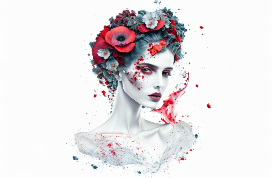 Vibrant red flowers and paint splashes on woman's portrait