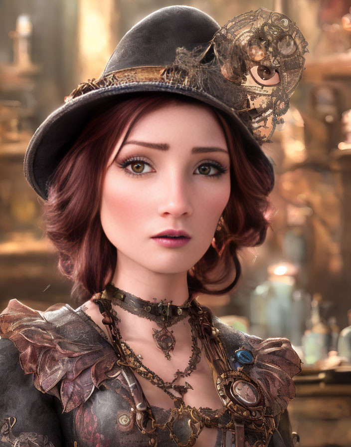Digital artwork of woman with red hair in steampunk attire with gear hat & intricate jewelry