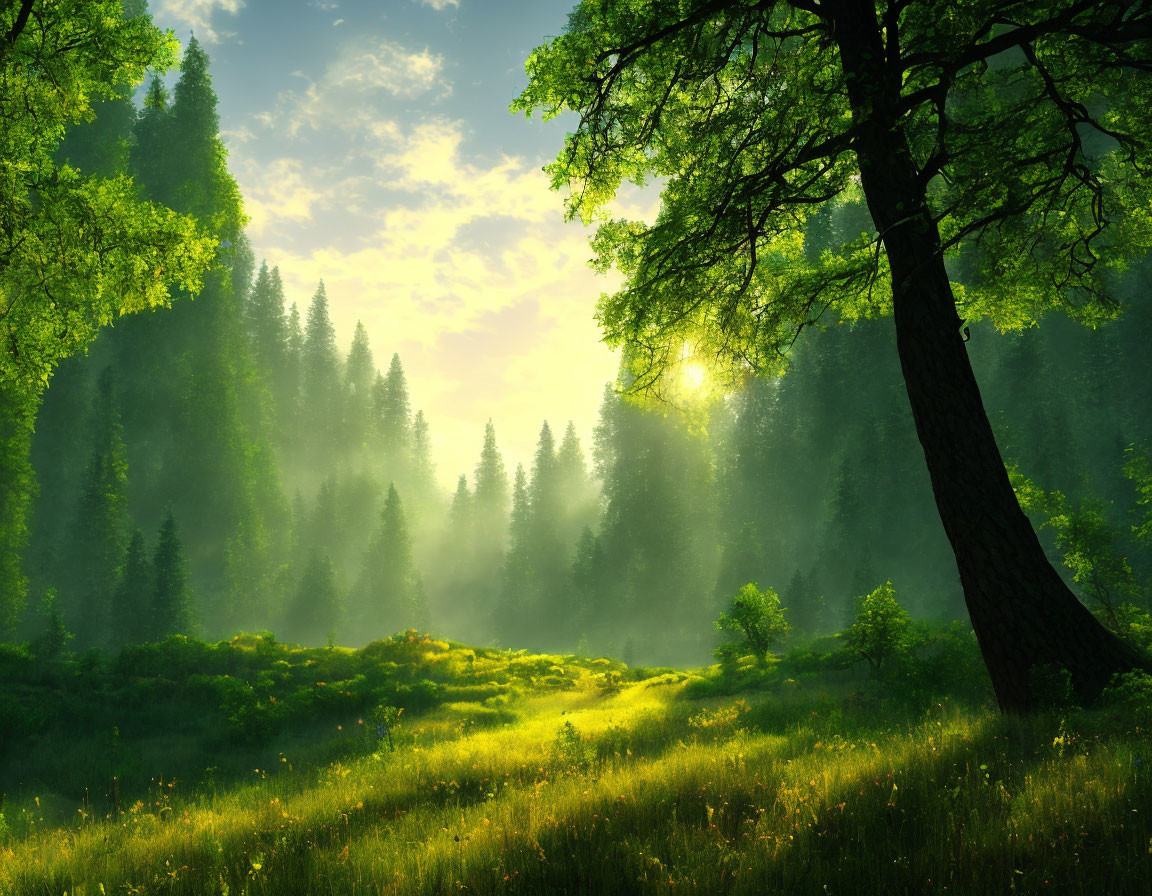 Tranquil forest scene with sunlight filtering through canopy