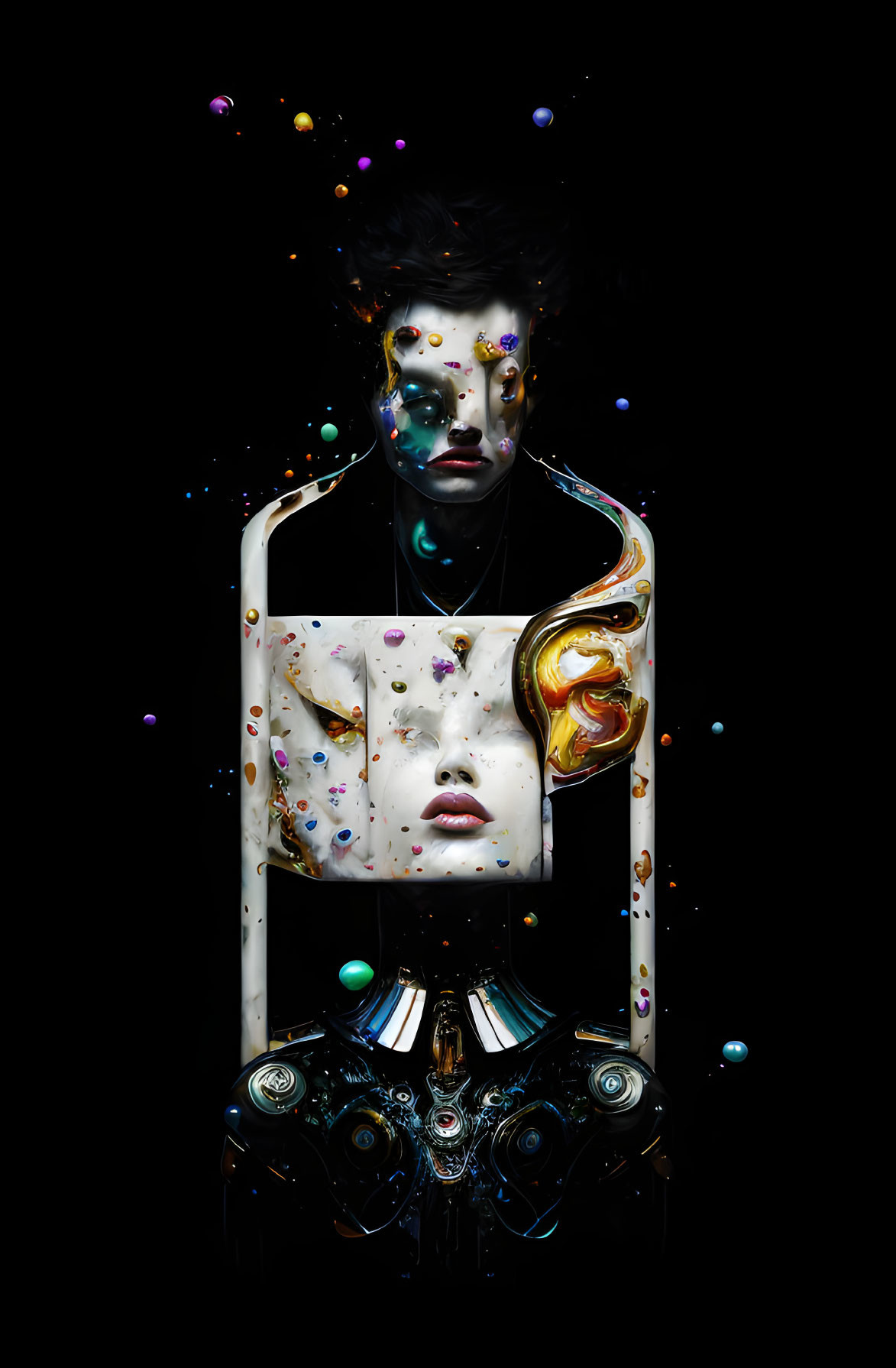 Surreal Art: Two Faces in Swirling Frame on Colorful Black Background