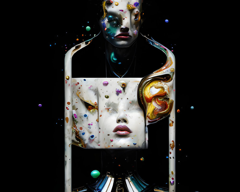 Surreal Art: Two Faces in Swirling Frame on Colorful Black Background