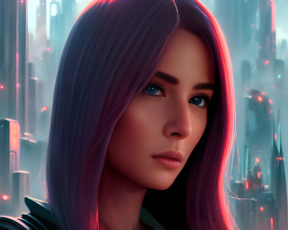 Digital artwork: Woman with purple hair and blue eyes in futuristic cityscape.