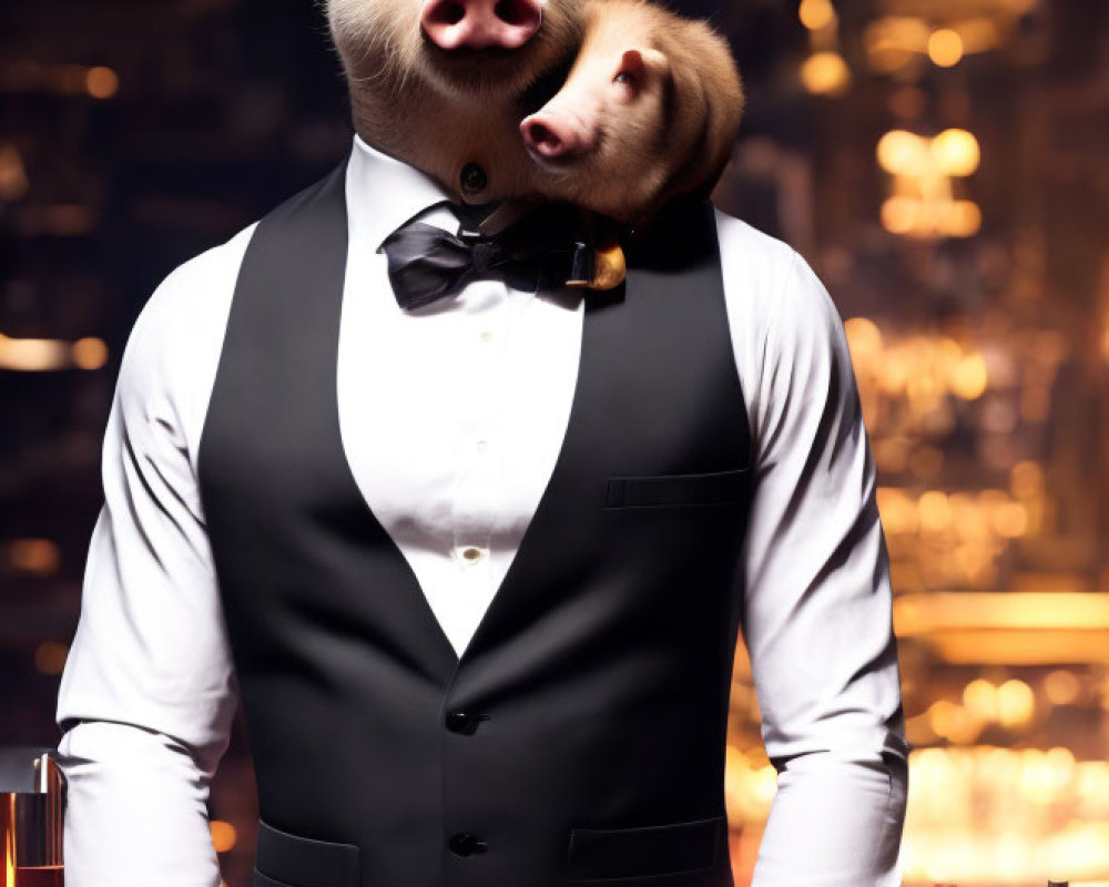 Anthropomorphic Pig in Suit and Bow Tie at Bar Counter