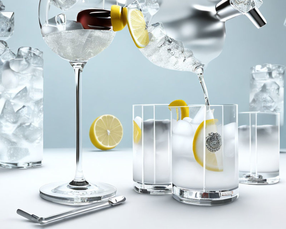 Table with ice-filled glasses, pouring water, lemon twist, and slices.