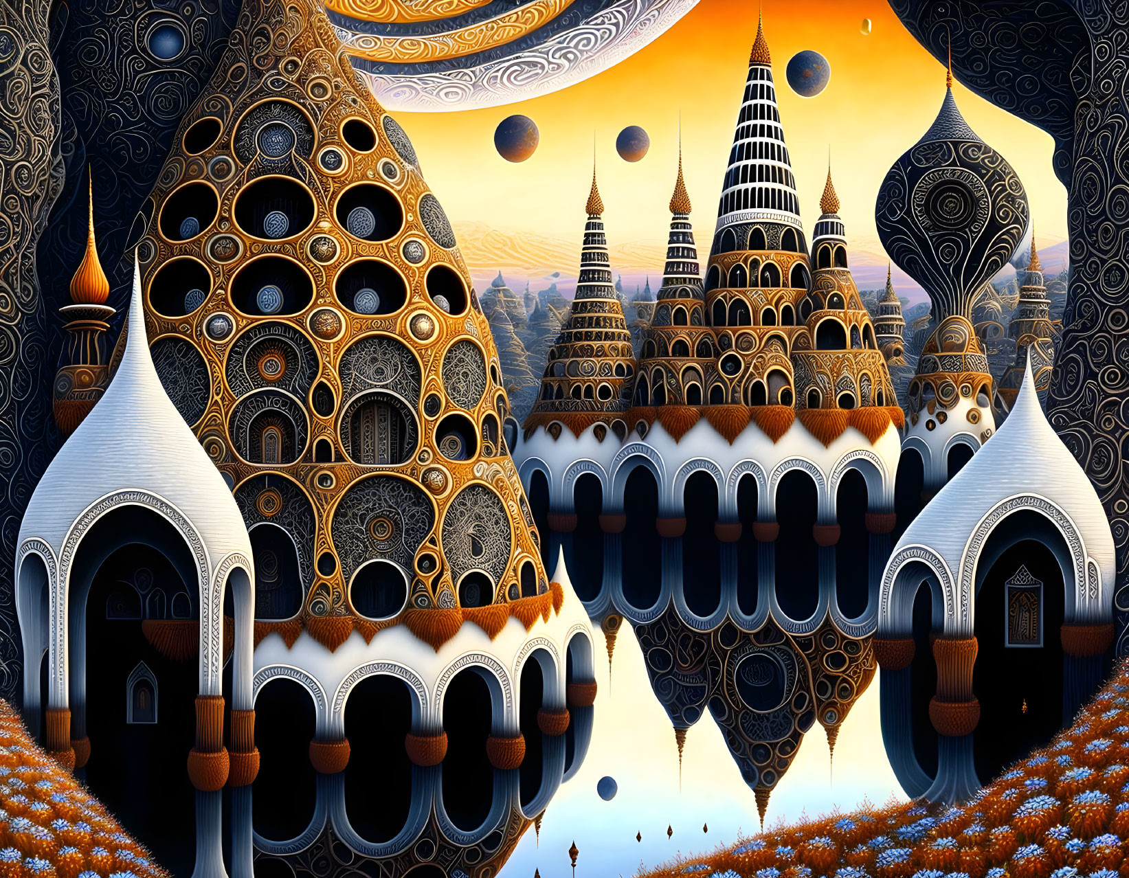 Fantastical landscape with ornate buildings and reflective water under an orange sky