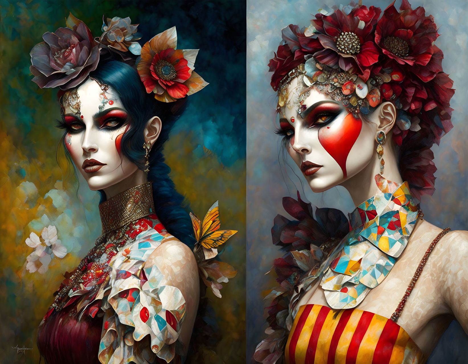 Stylized portraits of women with floral headpieces and colorful body art against multicolored backdrops