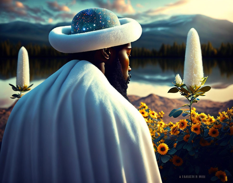 Man in Celestial Hat and White Cloak by Lake at Sunset