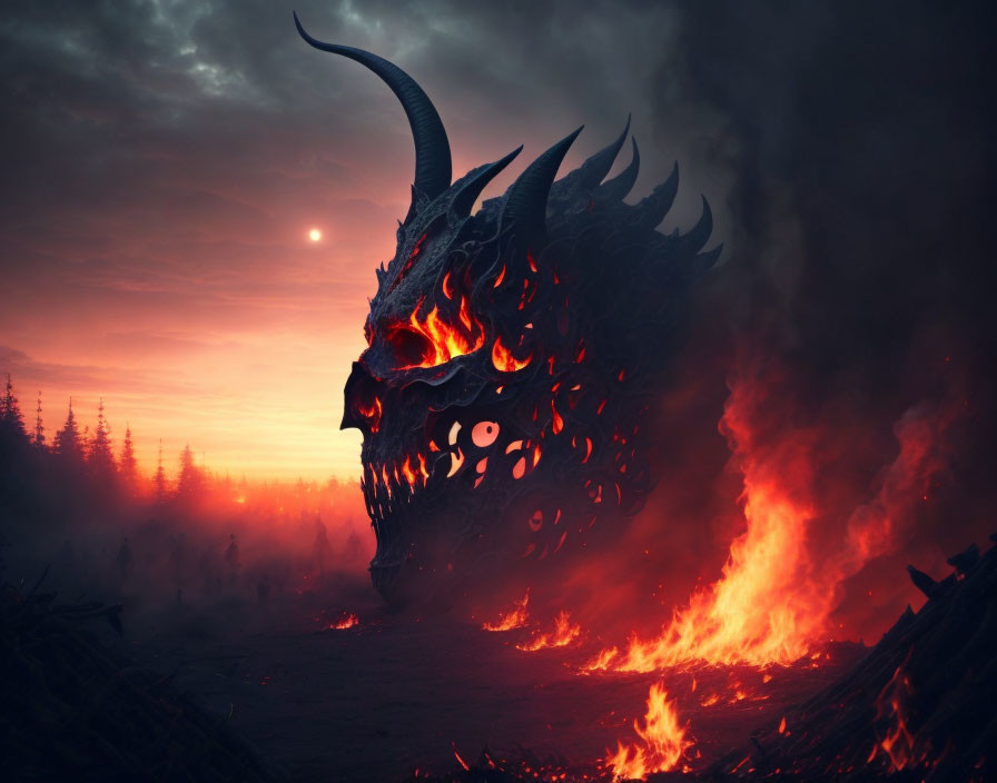 Glowing dragon head in fiery landscape at dusk