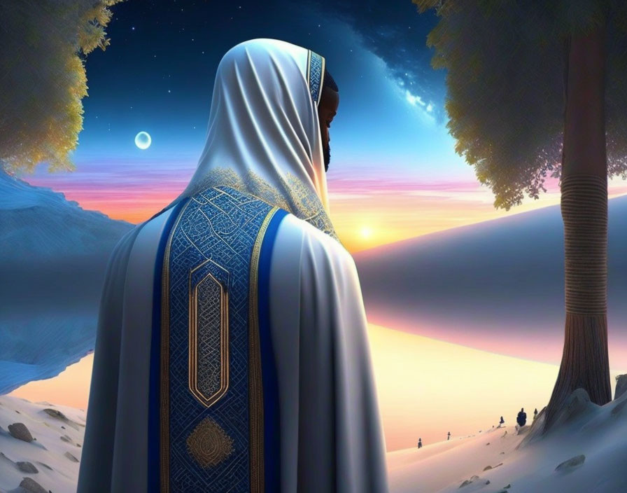 Traditional Attire Figure Observing Desert Sunset with Moon