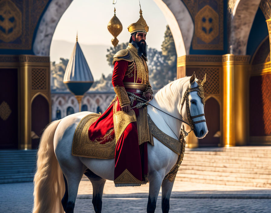 Regal Figure in Ornate Armor on White Horse in Palace Courtyard