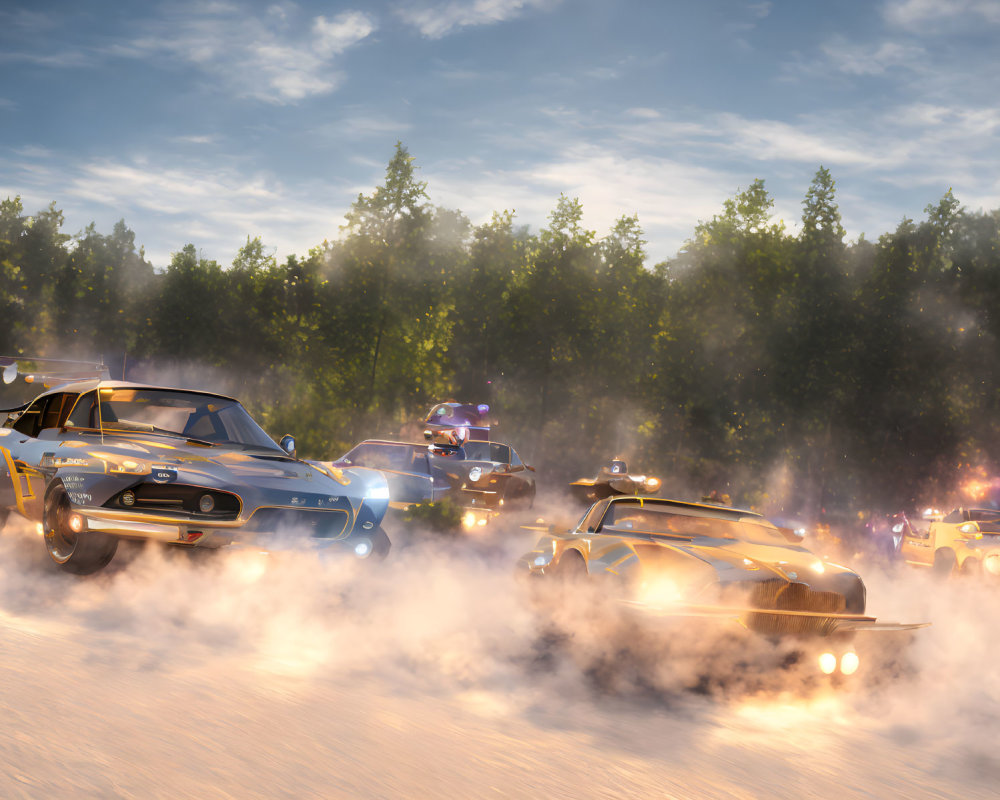 Multiple cars racing on dusty track at dusk with headlights illuminating kicked-up dust