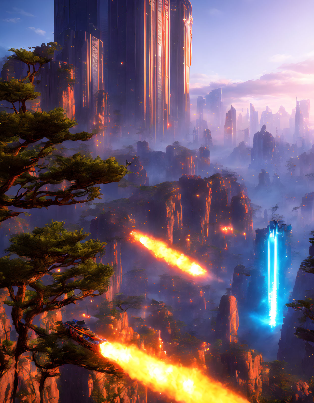 Futuristic cityscape with towering structures and floating rocks under warm sunlight.