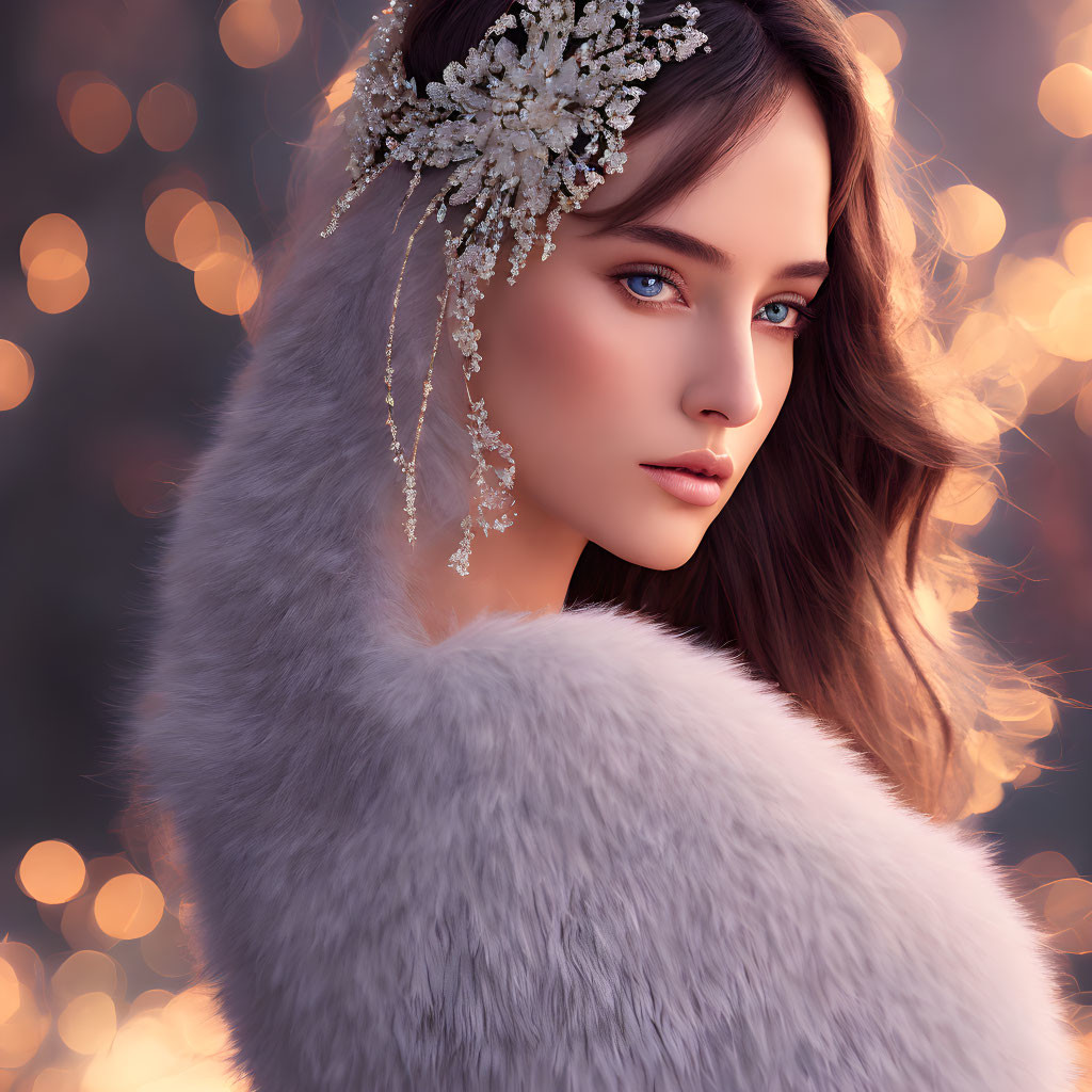 Striking blue-eyed woman in luxurious fur wrap with sparkling hair accessory