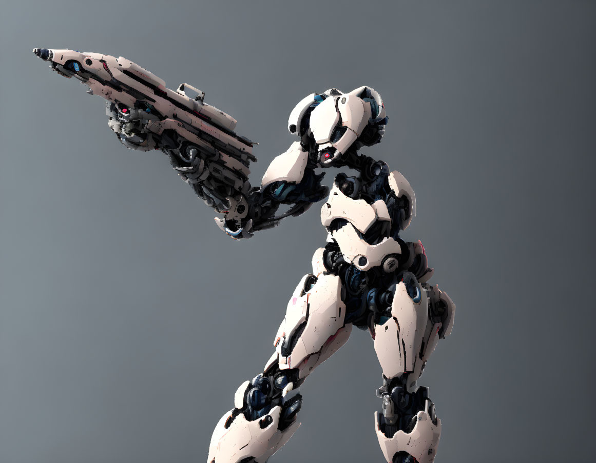 Futuristic humanoid robot with white and black exoskeleton and arm cannon