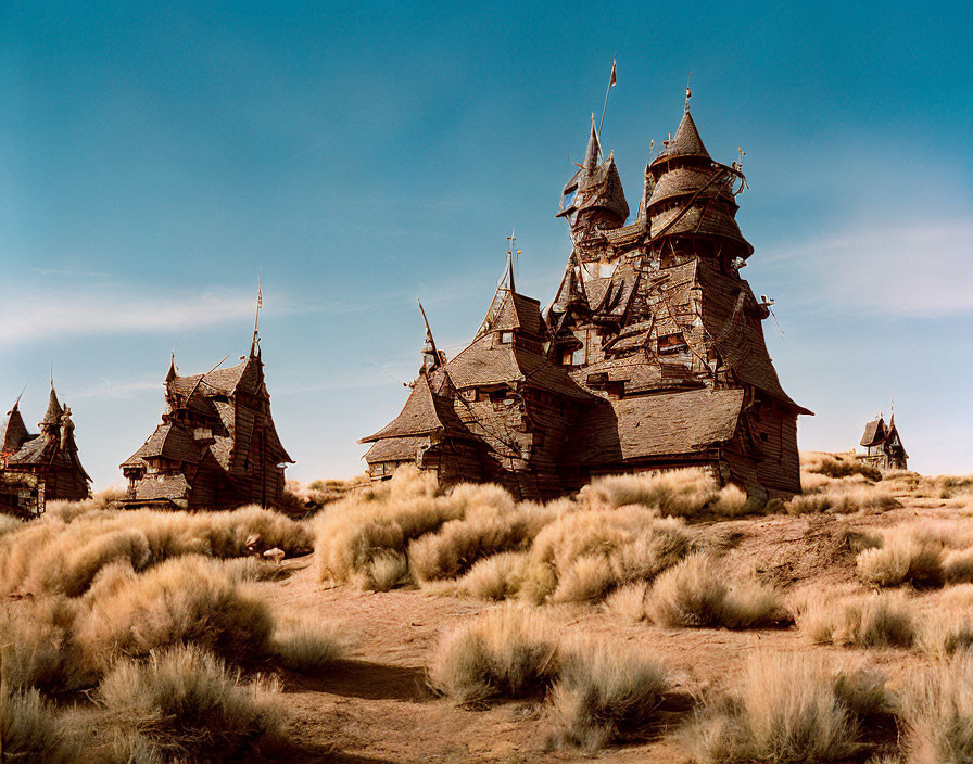 Rustic wooden fortress with spires and flags in barren landscape