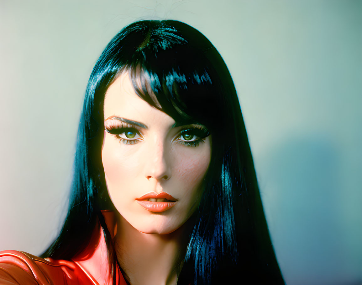 Portrait of Woman with Black Hair and Green Eyes in Red Top on Gradient Background